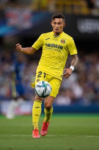 Yeremi Pino of Villarreal CF in action during the UEFA Super Cup between Chelsea and Villarreal CF at Windsor Park on August 11, 2021 in Belfast,...