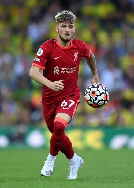 Harvey Elliott of Liverpool runs with the ball during the Premier League match between Norwich City and Liverpool at Carrow Road on August 14, 2021...