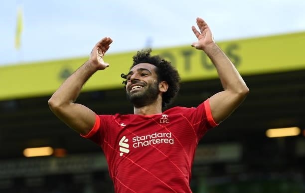 Mohamed Salah of Liverpool reacts during the Premier League match between Norwich City and Liverpool at Carrow Road on August 14, 2021 in Norwich,...
