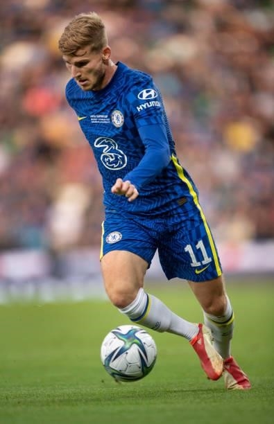 Timo Werner of Chelsea in action during the UEFA Super Cup between Chelsea and Villarreal CF at Windsor Park on August 11, 2021 in Belfast, Northern...