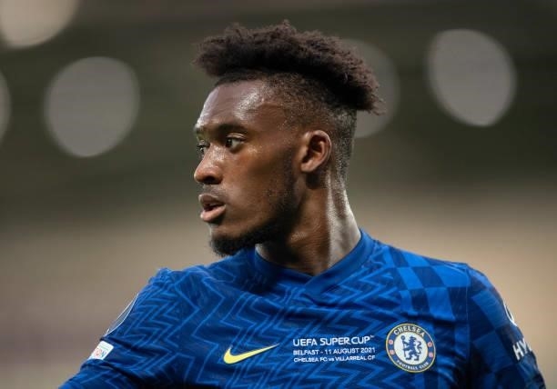 Callum Hudson-Odoi of Chelsea in action during the UEFA Super Cup between Chelsea and Villarreal CF at Windsor Park on August 11, 2021 in Belfast,...