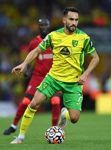 Lukas Rupp of Norwich City runs with the ball during the Premier League match between Norwich City and Liverpool at Carrow Road on August 14, 2021 in...