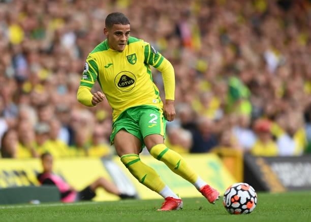Max Aarons of Norwich City passes the ball during the Premier League match between Norwich City and Liverpool at Carrow Road on August 14, 2021 in...