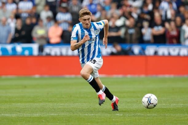 Scott High of Huddersfield Town during the Sky Bet Championship match between Huddersfield Town and Fulham at Kirklees Stadium on August 14, 2021 in...