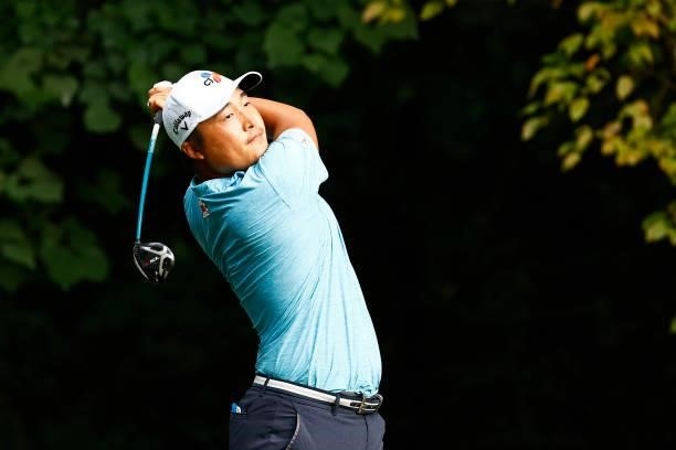 Kyoung-Hoon Lee of South Korea plays his shot from the second tee during the final round of the Wyndham Championship at Sedgefield Country Club on...
