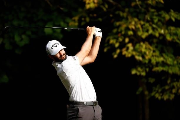 Adam Hadwin of Canada plays his shot from the second tee during the final round of the Wyndham Championship at Sedgefield Country Club on August 15,...