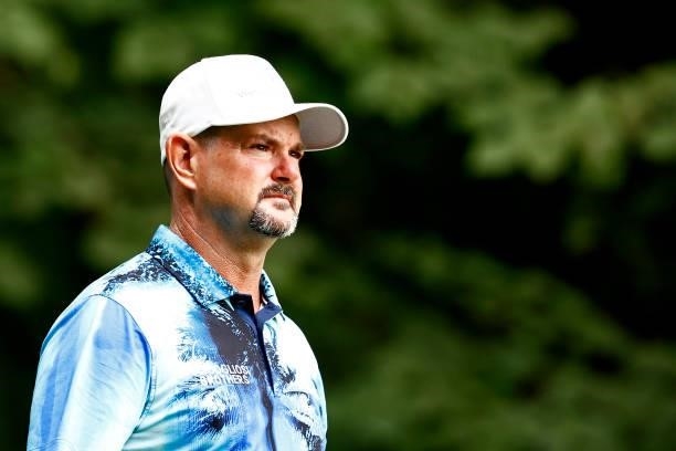 Rory Sabbatini of Slovakia walks off the second tee during the final round of the Wyndham Championship at Sedgefield Country Club on August 15, 2021...