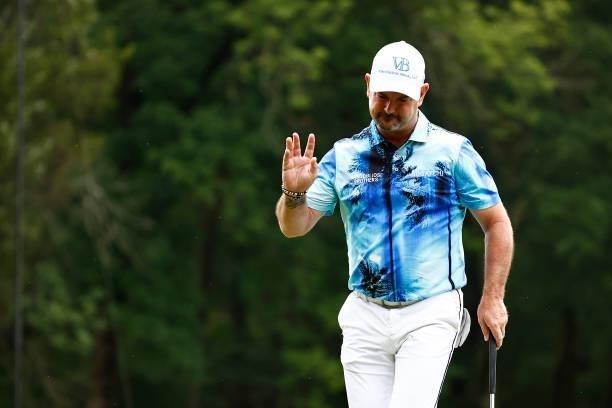 Rory Sabbatini of Slovakia waves on the first green during the final round of the Wyndham Championship at Sedgefield Country Club on August 15, 2021...