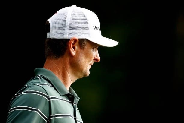 Justin Rose of England walks off the second tee during the final round of the Wyndham Championship at Sedgefield Country Club on August 15, 2021 in...