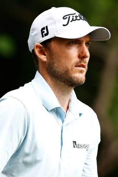 Russell Henley of the United States looks on from the second tee during the final round of the Wyndham Championship at Sedgefield Country Club on...