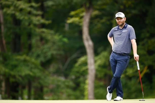 Branden Grace of South Africa waits on the third green during the final round of the Wyndham Championship at Sedgefield Country Club on August 15,...