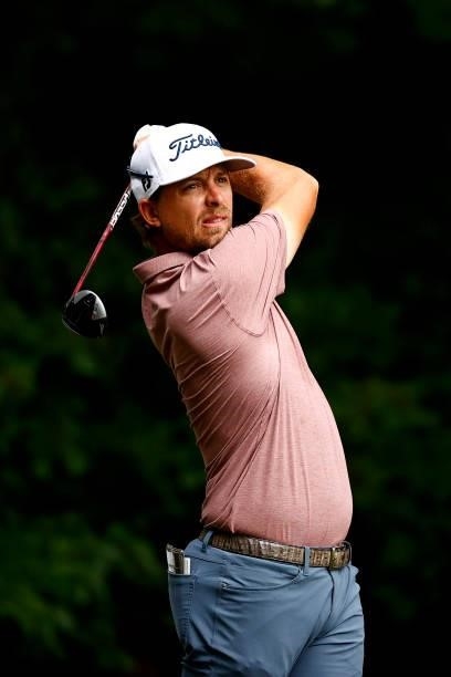 Roger Sloan of Canada plays his shot from the second tee during the final round of the Wyndham Championship at Sedgefield Country Club on August 15,...