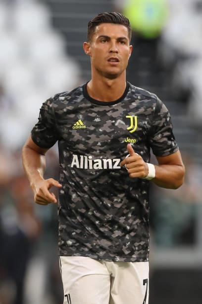 Cristiano Ronaldo of Juventus goes through his paces during the warm up prior to the Pre-Season Friendly between Juventus FC and Atalanta BC at...