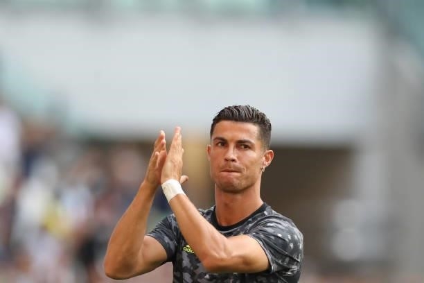 Cristiano Ronaldo of Juventus applauds the public during the warm up prior to the Pre-Season Friendly between Juventus FC and Atalanta BC at Allianz...