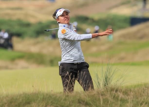Atthaya Thitikul of Thailand plays her second shot on the 13th hole during the final round of the Trust Golf Women's Scottish Open at Dumbarnie Links...