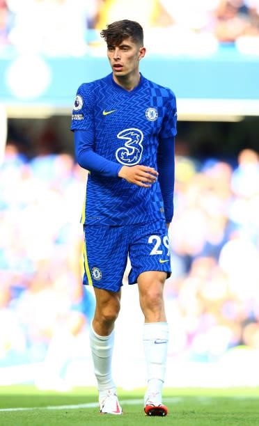 Kai Havertz of Chelsea FC during the Premier League match between Chelsea and Crystal Palace at Stamford Bridge on August 14, 2021 in London, England.