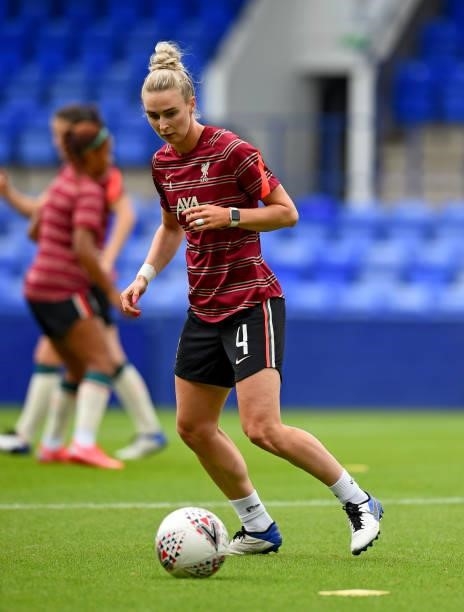 Rhiannon Roberts of Liverpool Women warming up before the Pre-Season frienly match between Liverpool Women and Blackburn Rovers Women at Prenton Park...