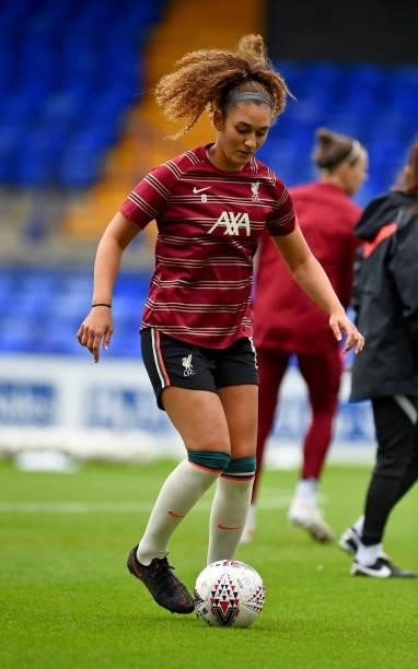 Jade Bailey of Liverpool Women warming up before the Pre-Season frienly match between Liverpool Women and Blackburn Rovers Women at Prenton Park on...