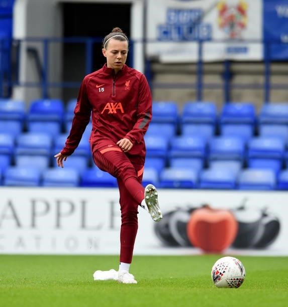 Meikayla Moore of Liverpool Women warming up before the Pre-Season frienly match between Liverpool Women and Blackburn Rovers Women at Prenton Park...