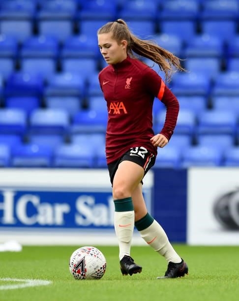 Lucy Parry of Liverpool Women warming up before the Pre-Season frienly match between Liverpool Women and Blackburn Rovers Women at Prenton Park on...