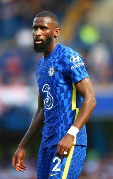 Antonio Rudiger of Chelsea FC in action during the Premier League match between Chelsea and Crystal Palace at Stamford Bridge on August 14, 2021 in...