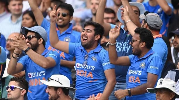 India fans cheer during the fourth day of the 2nd LV= Test match between England and India at Lord's Cricket Ground on August 15, 2021 in London,...