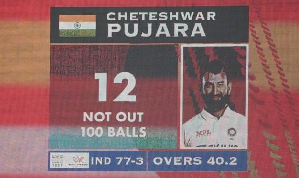 The screen shows Cheteshwar Pujara details after his first 100 balls faced during the fourth day of the 2nd LV= Test match between England and India...