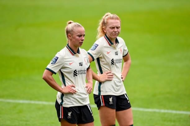 Ashley Hodson and Ceri Holland of Liverpool Women during the Pre-Season frienly match between Liverpool Women and Blackburn Rovers Women at Prenton...