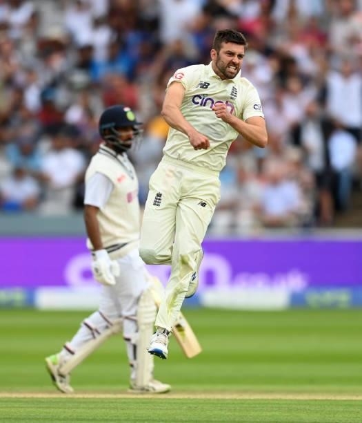 Mark Wood of England celebrates dismissing Cheteshwar Pujara of India during day four of the Second LV= Insurance Test Match between England and...