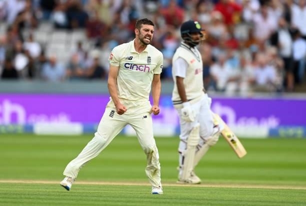 Mark Wood of England celebrates dismissing Cheteshwar Pujara of India during day four of the Second LV= Insurance Test Match between England and...