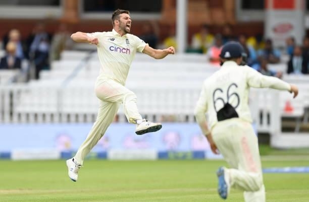 Mark Wood of England celebrates after dismissing Cheteshwar Pujara of India during the fourth day of the 2nd LV= Test match between England and India...
