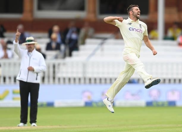 Mark Wood of England celebrates after dismissing Cheteshwar Pujara of India during the fourth day of the 2nd LV= Test match between England and India...