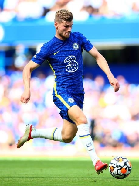 Timo Werner of Chelsea FC controls the ball during the Premier League match between Chelsea and Crystal Palace at Stamford Bridge on August 14, 2021...