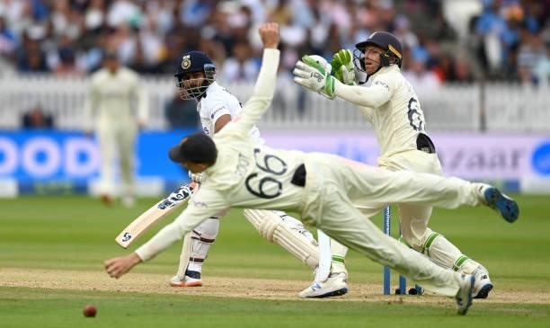 Rishabh Pant of India hits past Joe Root of England during day four of the Second LV= Insurance Test Match between England and India at Lord's...