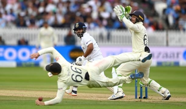 Rishabh Pant of India hits past Joe Root of England during day four of the Second LV= Insurance Test Match between England and India at Lord's...