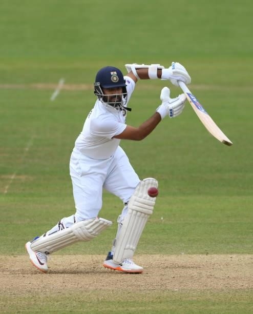 India batsman Ajinkya Rahane drives for runs during day four of the Second Test Match between England and India at Lord's Cricket Ground on August...