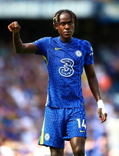 Trevoh Chalobah of Chelsea FC gestures during the Premier League match between Chelsea and Crystal Palace at Stamford Bridge on August 14, 2021 in...