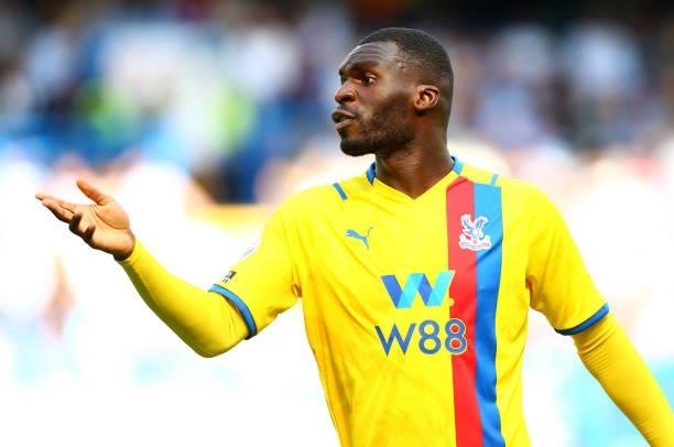 Christian Benteke of Crystal Palace gestures during the Premier League match between Chelsea and Crystal Palace at Stamford Bridge on August 14, 2021...