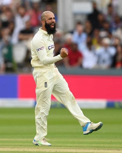 Moeen Ali of England celebrates dismissing Ajinkya Rahane of India during day four of the Second LV= Insurance Test Match between England and India...