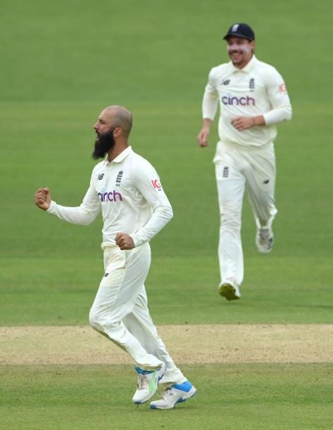 Moeen Ali celebrates after dismissing dismiss India batsman Ajinkya Rahane during day four of the Second Test Match between England and India at...