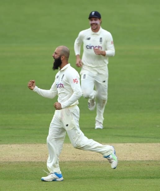 Moeen Ali celebrates after dismissing dismiss India batsman Ajinkya Rahane during day four of the Second Test Match between England and India at...