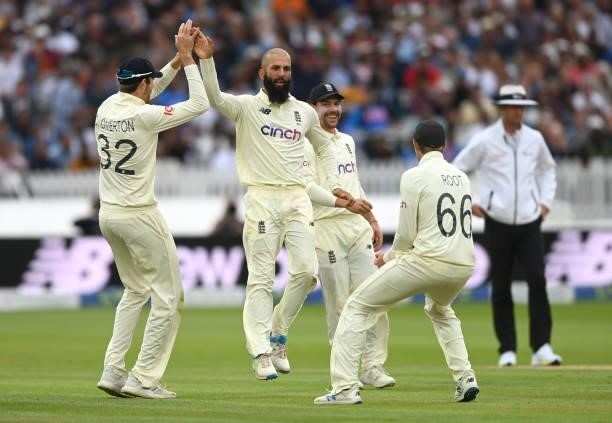 Moeen Ali of England celebrates dismissing Ravindra Jadeja of India during day four of the Second LV= Insurance Test Match between England and India...
