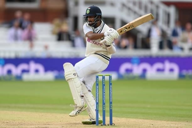 Cheteshwar Pujara of India hits out during the Second LV= Insurance Test Match: Day Four between England and India at Lord's Cricket Ground on August...