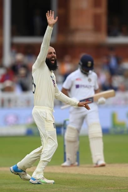 Moeen Ali of England appeals successfully for a catch behind off Ajinkya Rahane of India during the Second LV= Insurance Test Match: Day Four between...