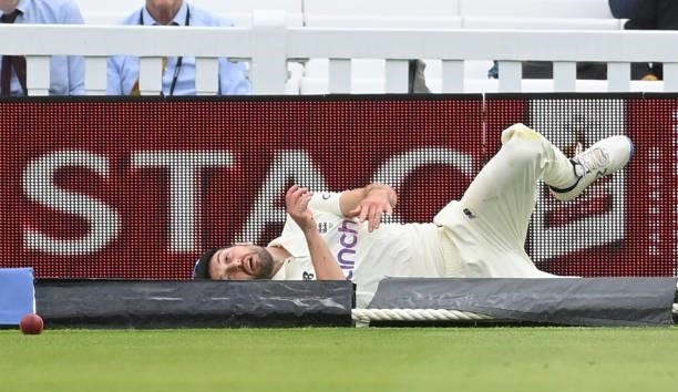 Mark Wood of England injures his shoulder as he attempts to stop a four during the fourth day of the 2nd LV= Test match between England and India at...