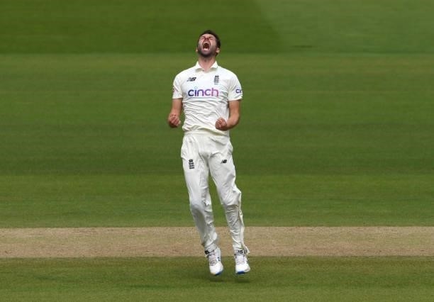 England bowler Mark Wood celebrates after dismissing KL Rahul during day four of the Second Test Match between England and India at Lord's Cricket...