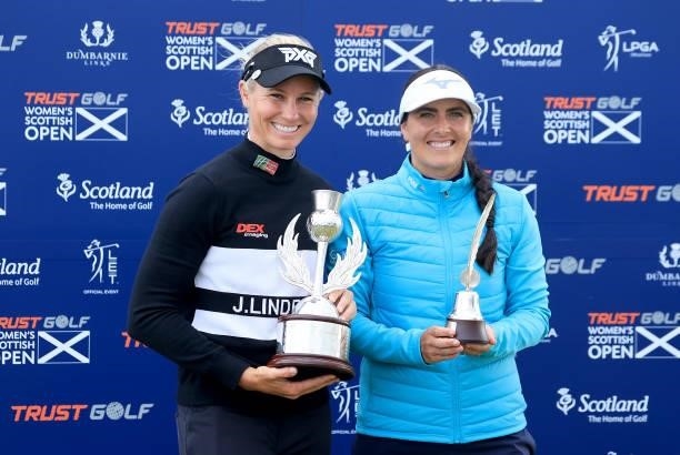 Ryann O'Toole of The United States poses with the winner's trophy with Kelsey MacDonald of Scotland who became the first recipient of the Jock...