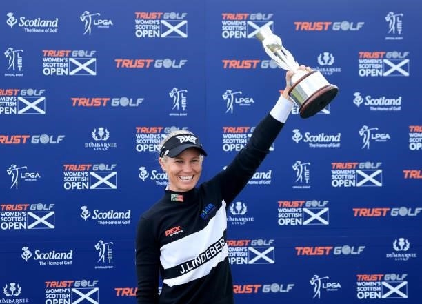 Ryann O'Toole of The United States raises the trophy after her three shot win in the final round of the Trust Golf Women's Scottish Open at Dumbarnie...