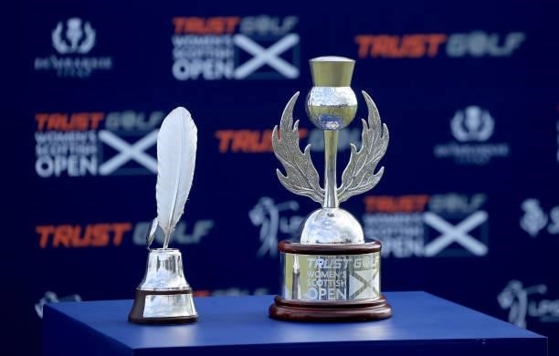 The Trust Golf Women's Scottish Open trophy and the Jock MacVicar trophy awarded to the leading Scottish player on the presentation table after the...