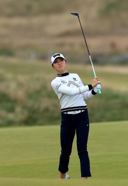 Lydia Ko of New Zealand plays her second shot on the 10th hole during the final round of the Trust Golf Women's Scottish Open at Dumbarnie Links on...